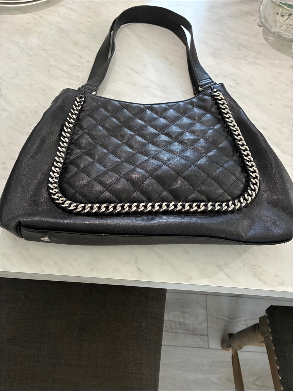 INC International Concepts Quilted Black Shoulder Bag with Silver Chain Trim